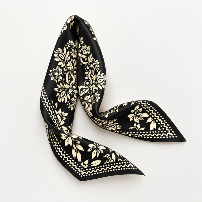 Floral Medallion Satin Scarf — Black