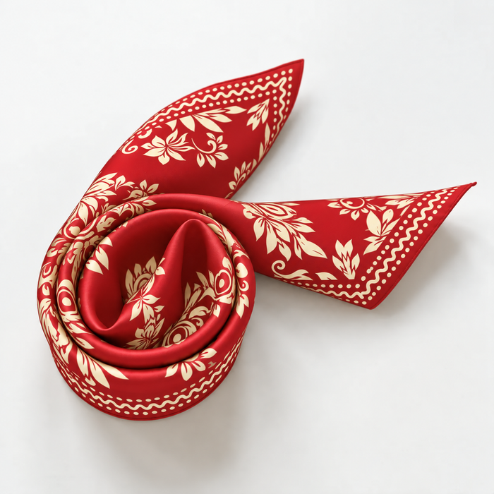 Floral Medallion Satin Scarf — Red