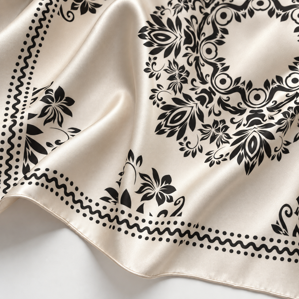 Floral Medallion Satin Scarf — Pearl Cream